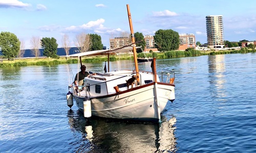 Boot vaart over de Maas met uitzicht op de skyline van Roermond op een zonnige dag.