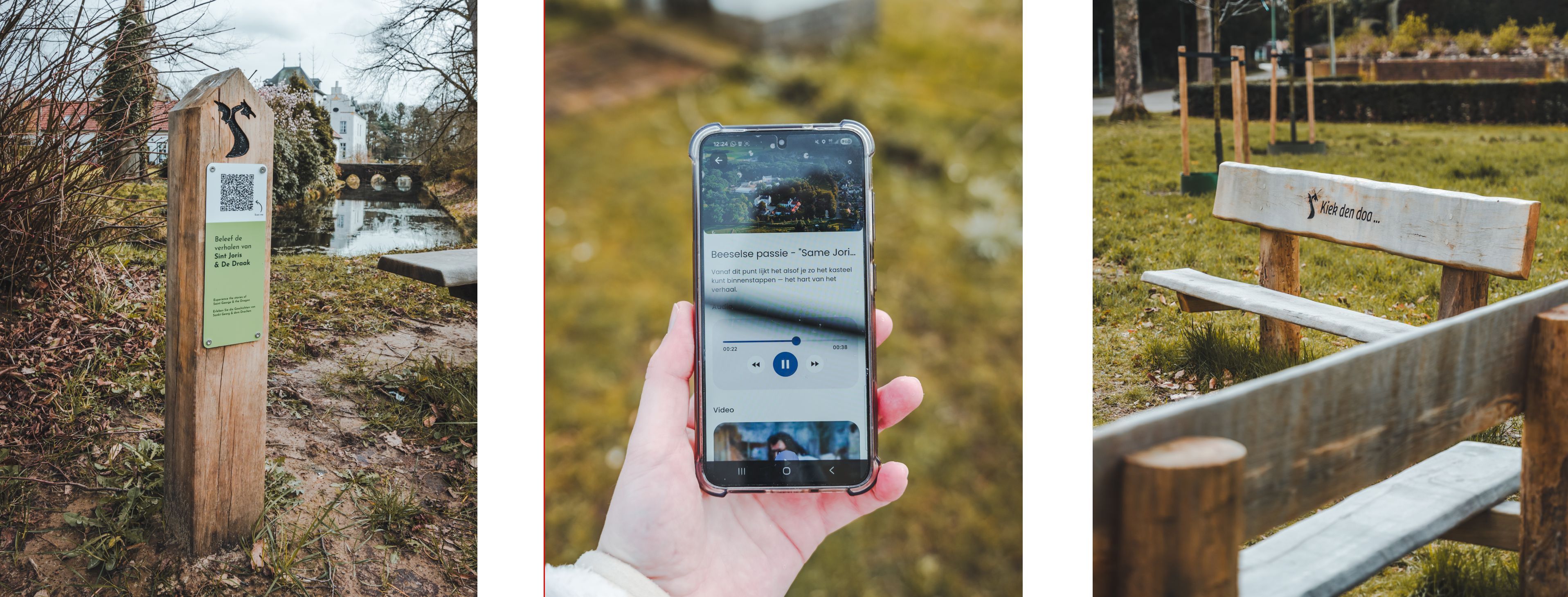 Drieluik van de Routes van De legende van Sint Joris en de Draak in Beesel: routepaaltjes met QR-code, smartphone met daarop de Erfgoed Limburg Route-app en een bankje met quote