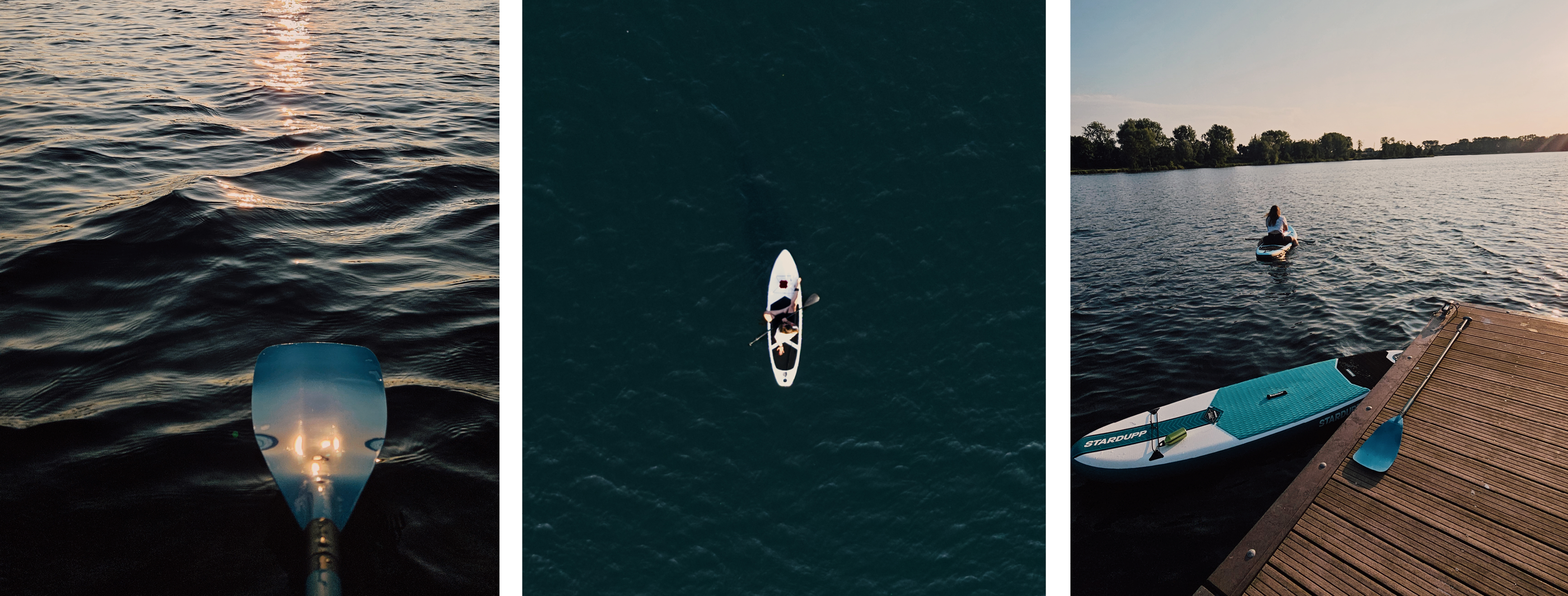 Drie foto’s naast elkaar: links een peddel die het zonlicht op het kabbelende water weerspiegelt, in het midden een luchtfoto van iemand die op een SUP-board op open water zit, rechts een SUP-board naast een houten steiger met een peddel erop en een persoon die verder het water op peddelt.