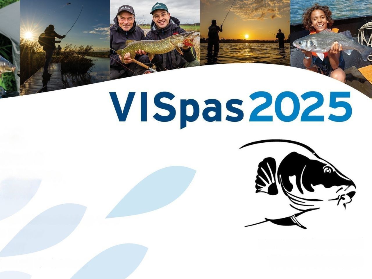  Image of the VISpas 2025 with a collage of anglers catching different species of fish and enjoying fishing in nature. The pass features the logo of a carp.